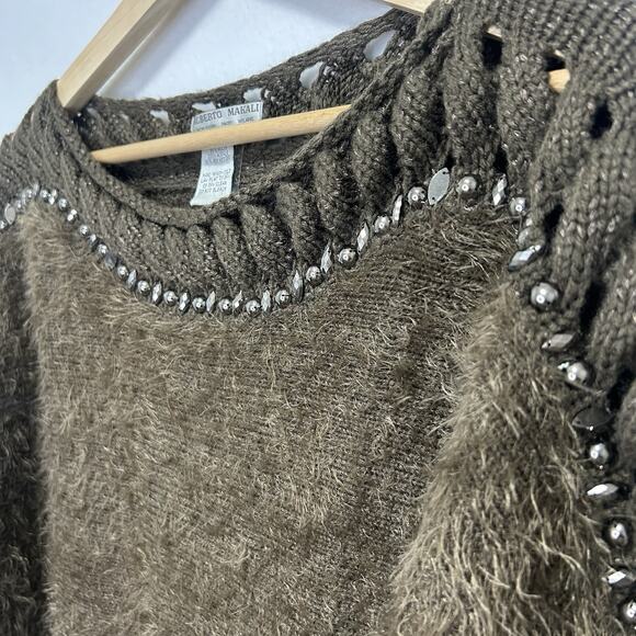 Alberto Makali Womens Large Fuzzy Sweater Brown Studded Fall Festive Cozy - Picture 2 of 8